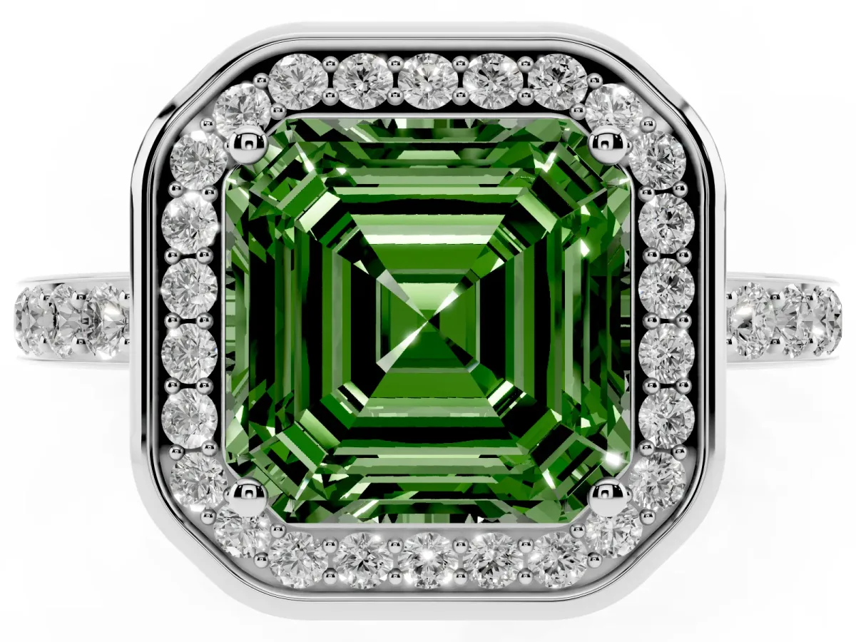 Fancy Green Asscher Cut Diamond Halo Ring with Bezel Frame and Pavé Band Silver