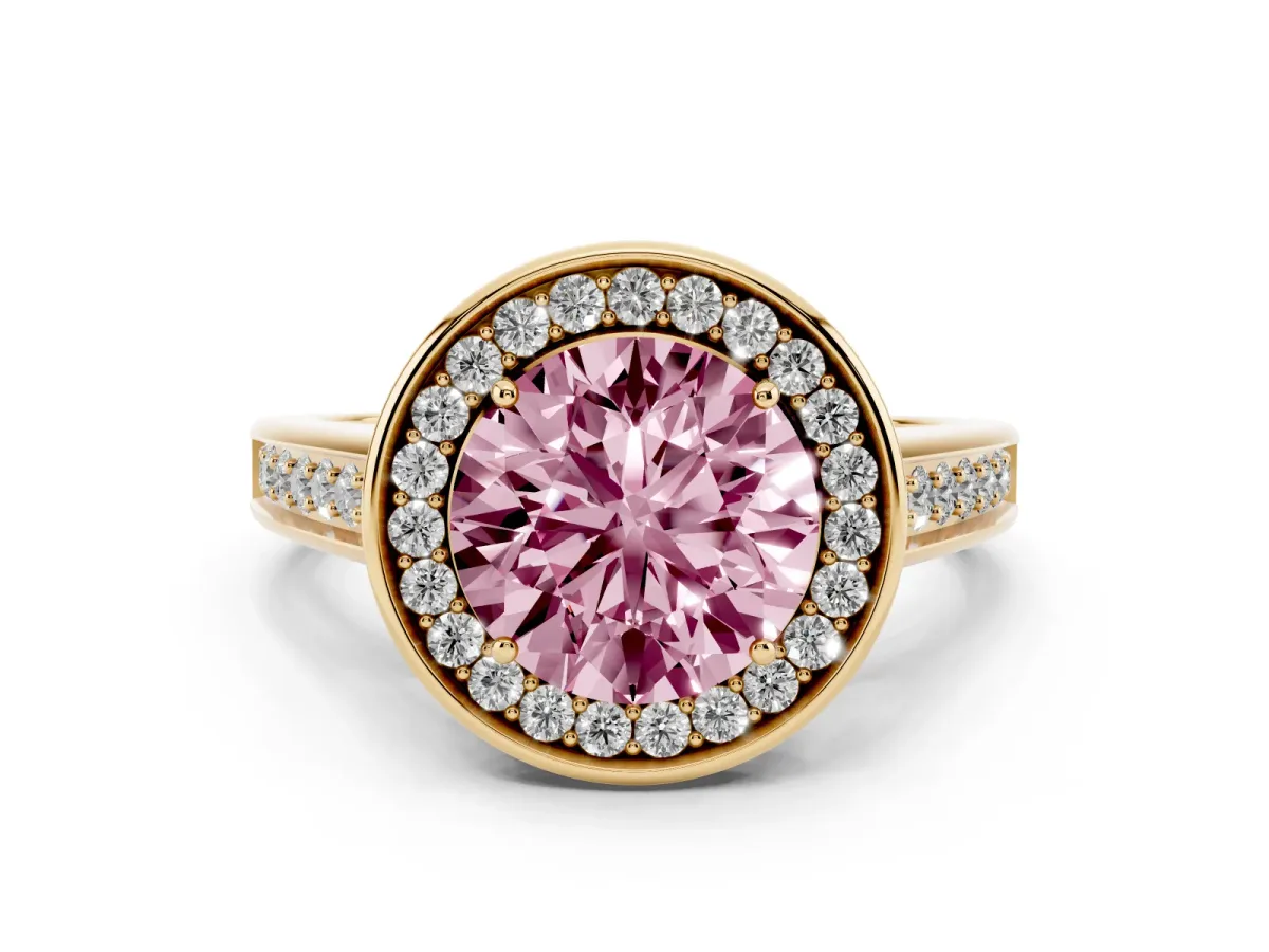 Fancy Pink Round Cut Halo Solitaire Diamond Ring with Pave Band and Bezel Setting Yellow gold