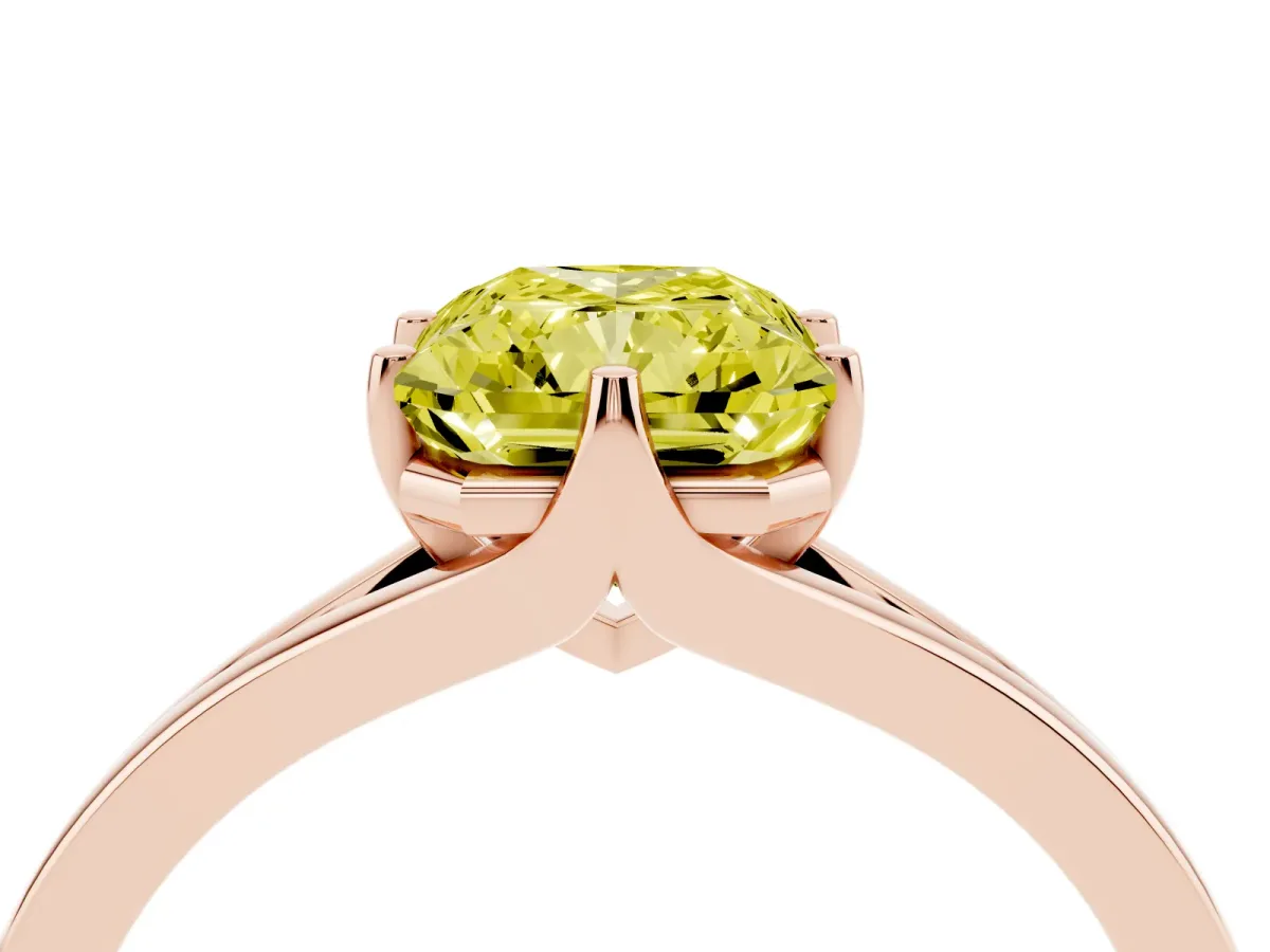 Fancy Yellow Radiant Cut Solitaire Diamond Ring with Six-Prong Setting and Tapered Band Rose gold