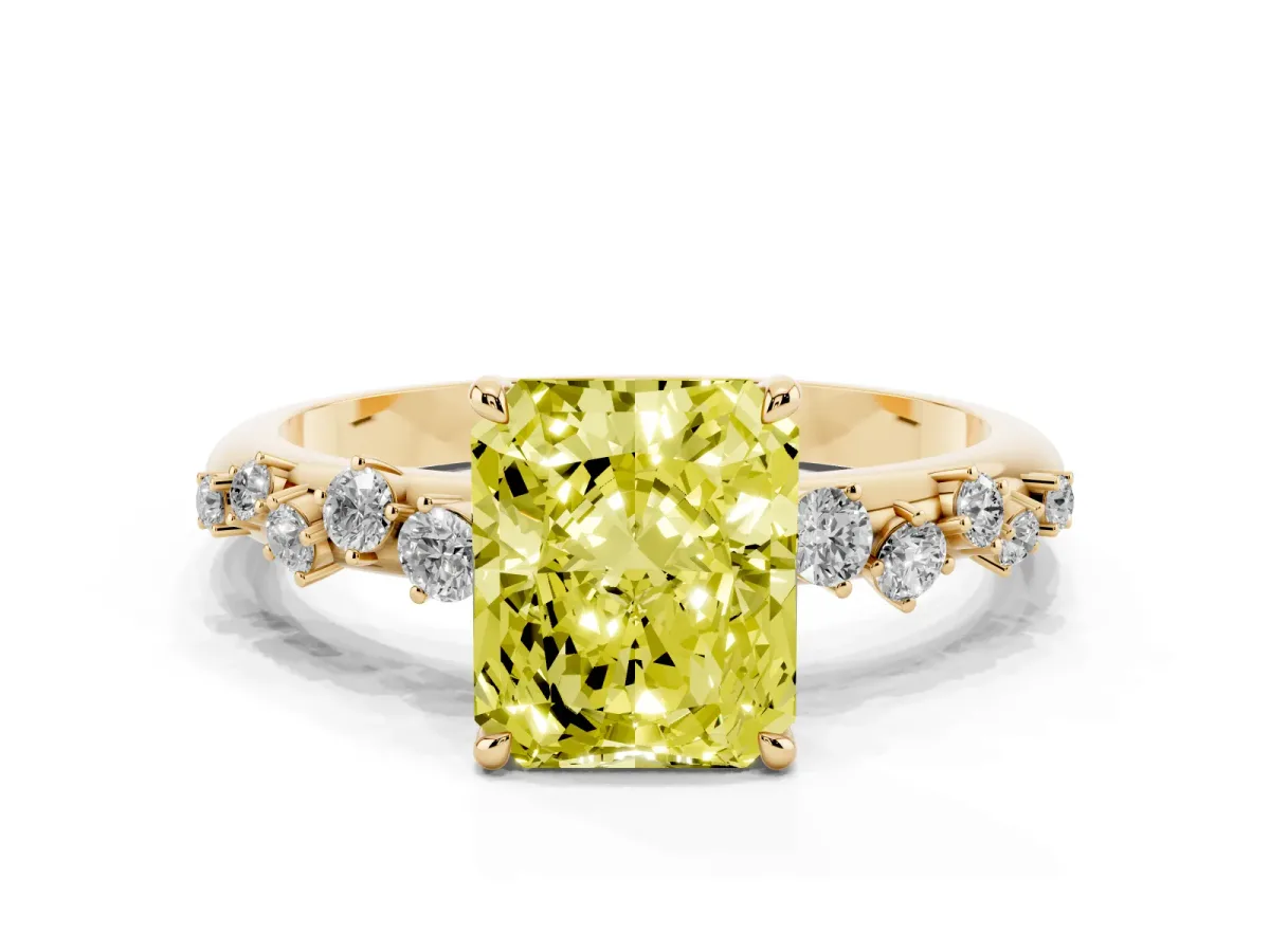 Fancy Yellow Radiant Cut Diamond Cluster Prong-Set Solitaire Ring Yellow gold