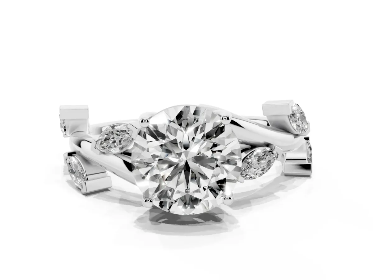 Round Cut Solitaire Twisted Band Marquise Accent Prong Setting Ring Silver