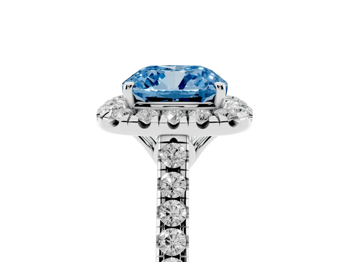 Fancy Blue Cushion Cut Halo Pavé Diamond Engagement Ring with Four-Prong Setting Platinum