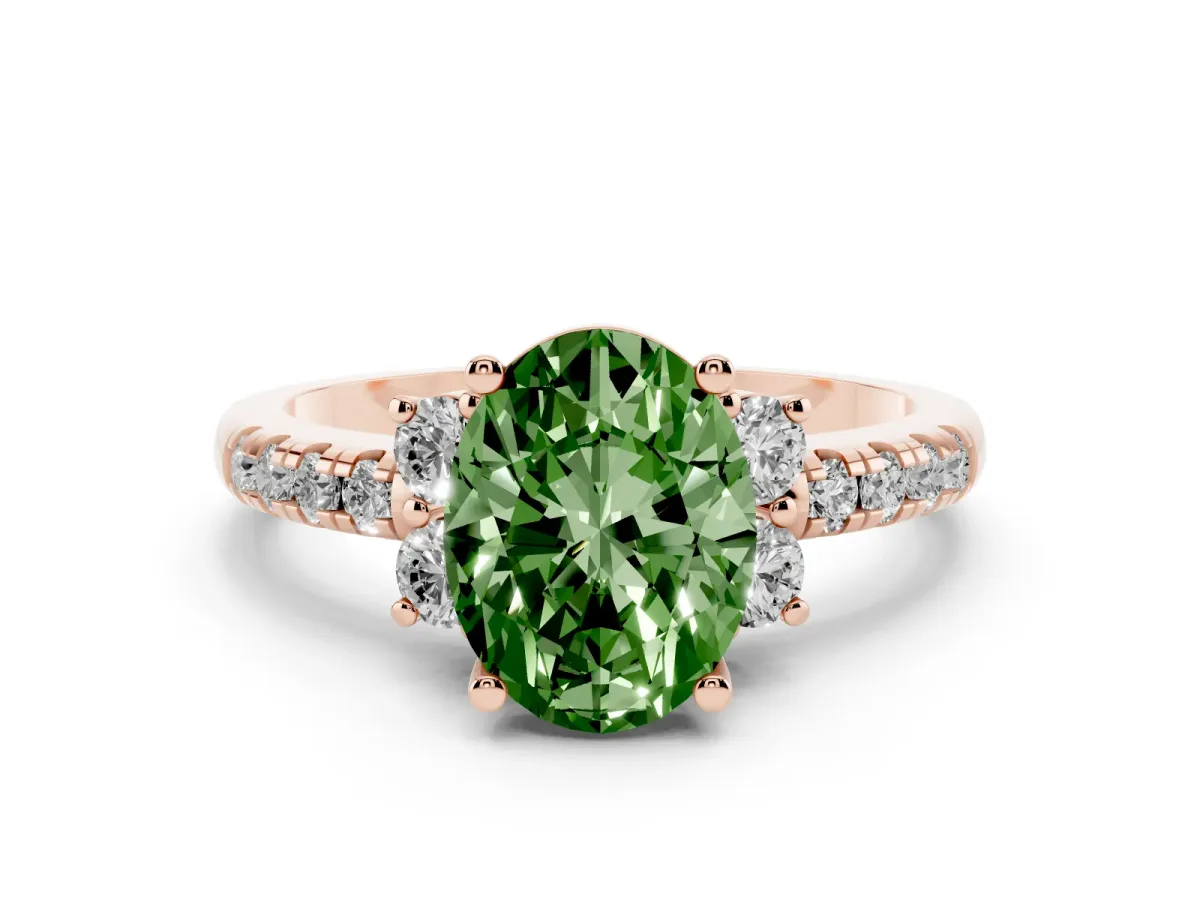 Fancy Green Oval Cut Diamond Three-Stone Pave Band with Four-Prong Setting Rose gold