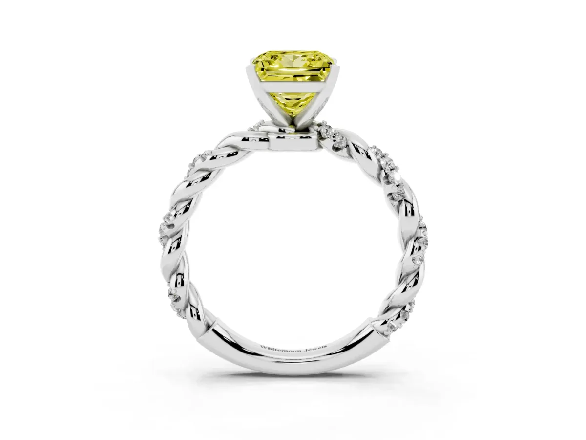 Fancy Yellow Princess Cut Diamond Solitaire Ring with Twisted Band and Pavé Accents Silver