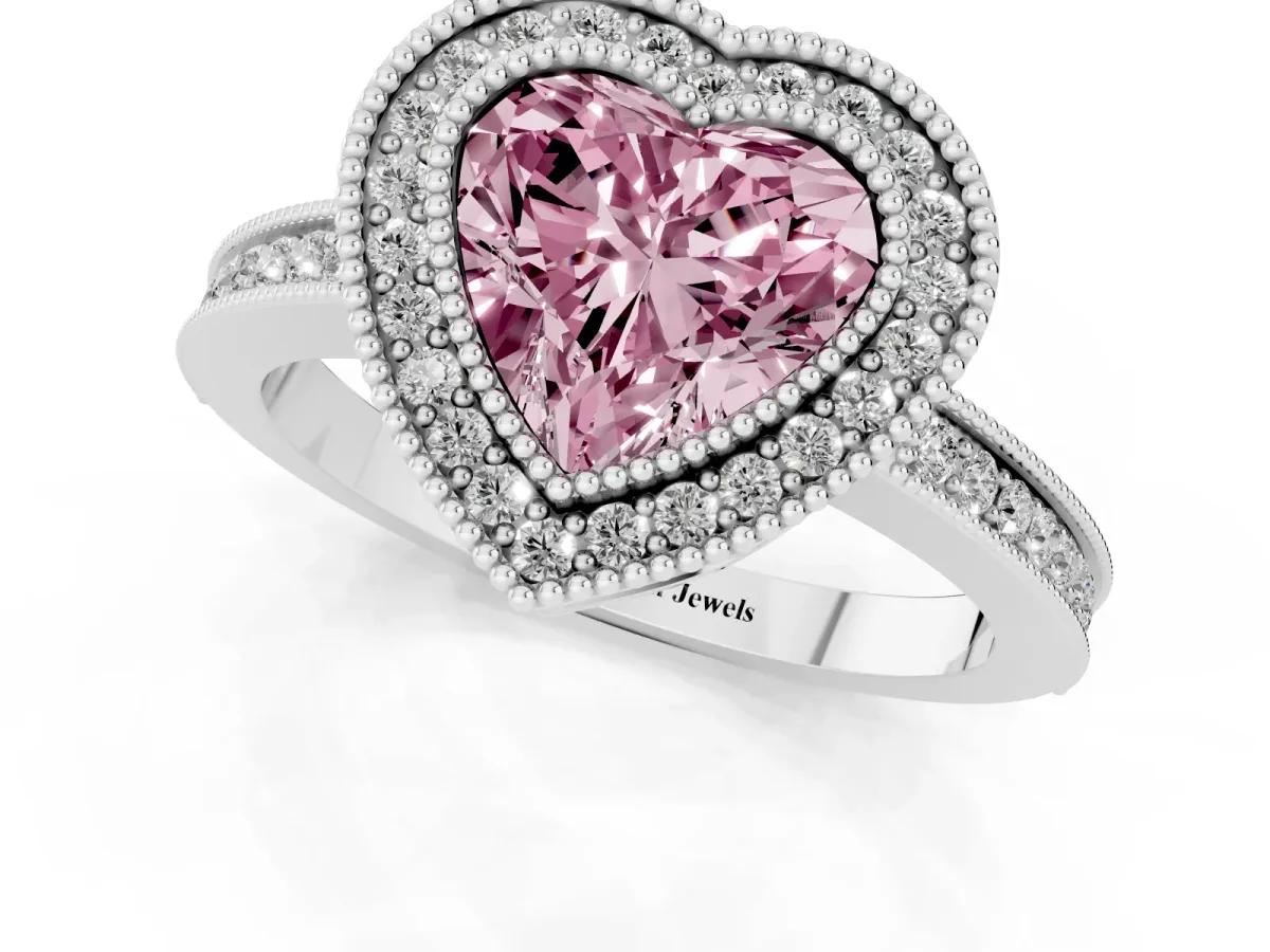 Fancy Pink Heart Cut Cut Halo Diamond Ring with Pavé Band and Milgrain Prong Setting Silver
