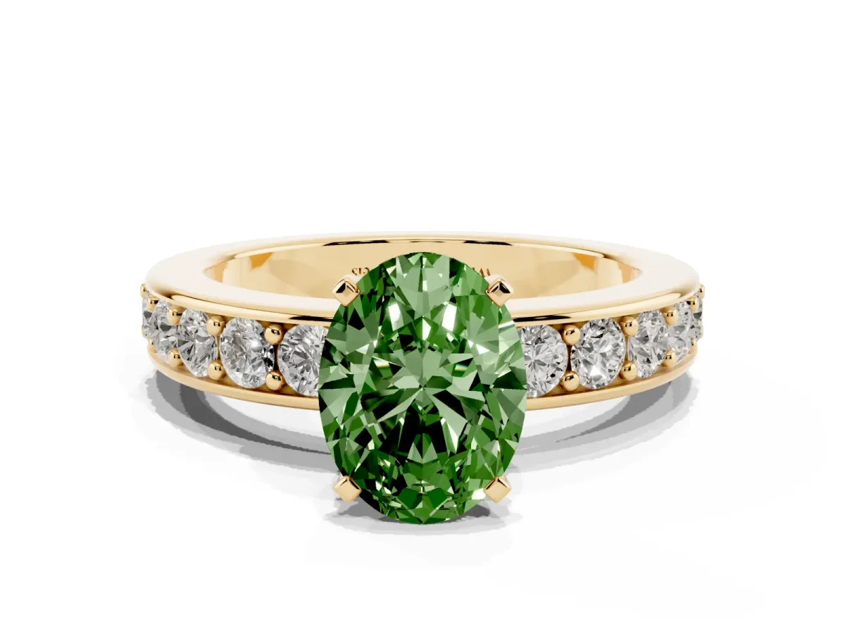 Fancy Green Oval Cut Diamond Engagement Ring with Channel Set Round Band and Prong Setting Yellow gold