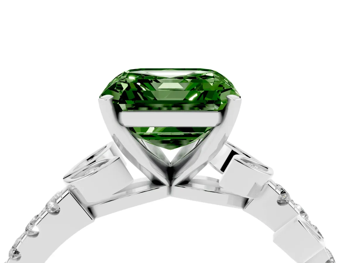 Fancy Green Asscher Cut Solitaire Leaf-Inspired Diamond Ring with Pavé Band and Four-Prong Setting Silver