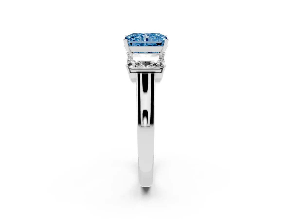 Fancy Blue Three-Stone Radiant Cut Brilliant Diamond Trellis Ring with Comfort Fit Band Platinum