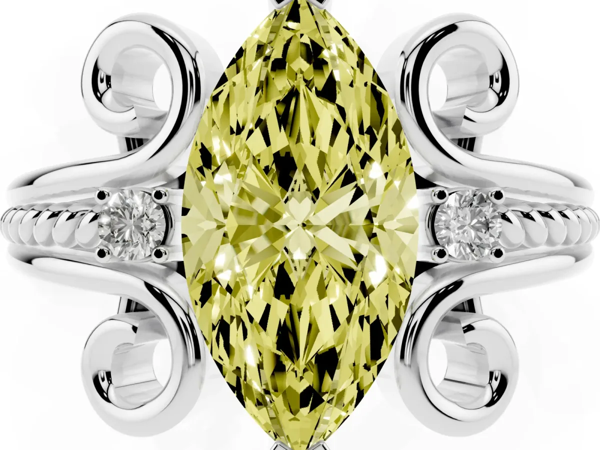 Fancy Yellow Marquise Cut Solitaire Twisted Band Scroll Prong Ring Silver
