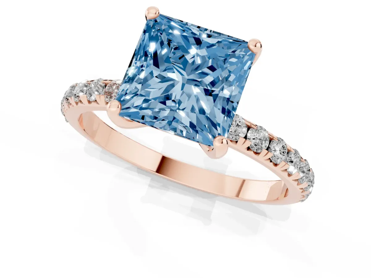 Fancy Blue Princess Cut Cut Diamond Solitaire Ring with Micro Pave Band and Four Prong Setting Rose gold