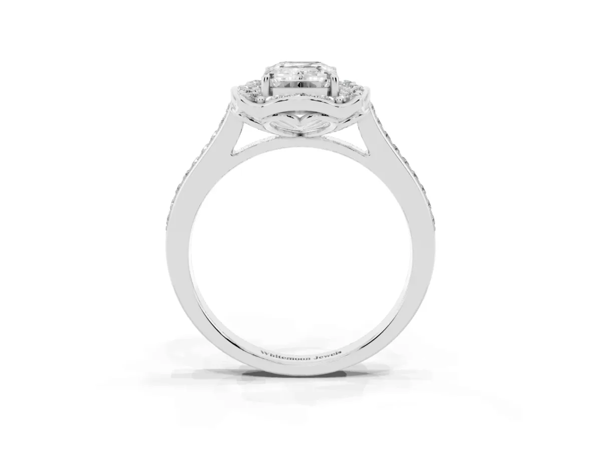 Emerald Cut Halo Round Diamond Pave Band with Four-Prong Setting Silver