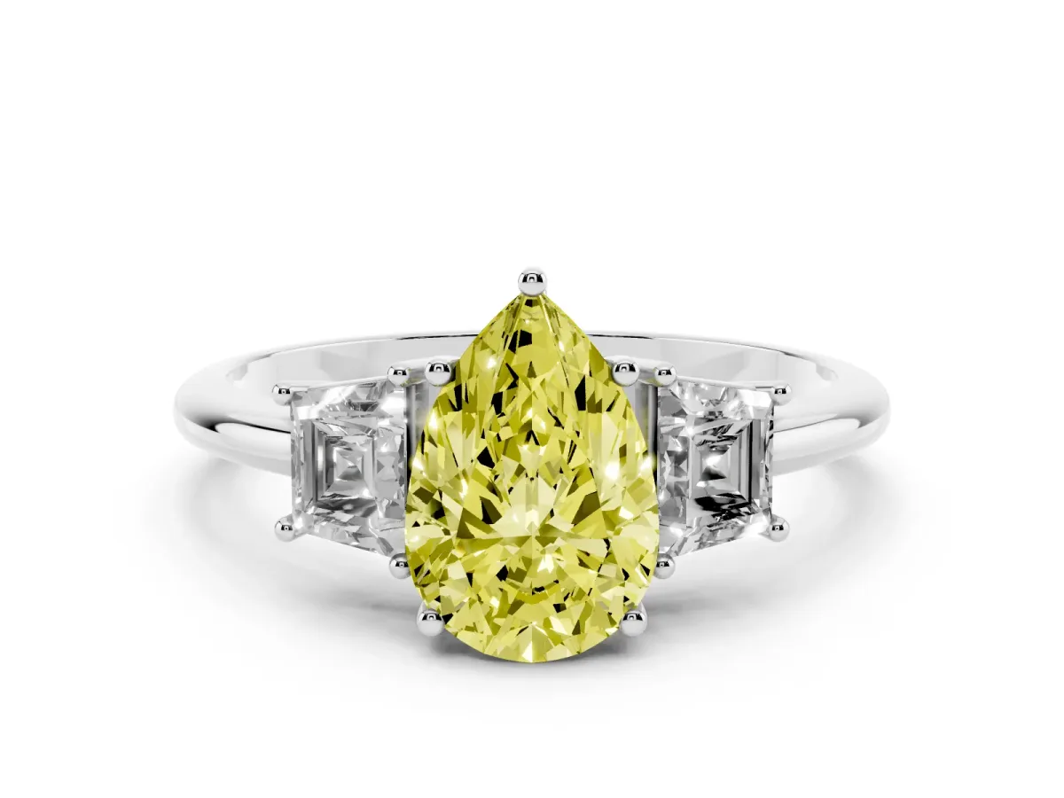 Fancy Yellow Pear Cut Diamond Three-Stone Ring with Trapezoid Side Stones and Prong Setting Platinum