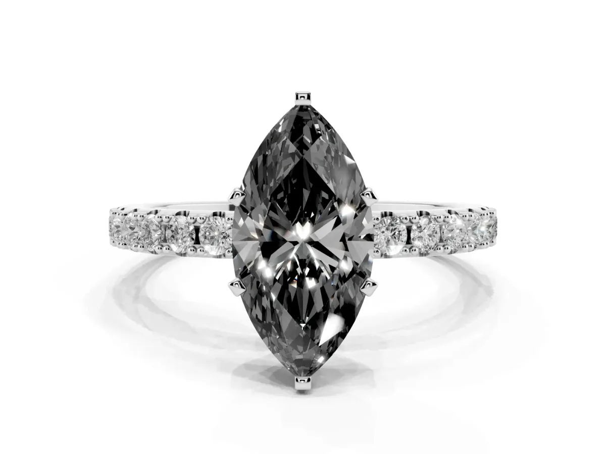 Fancy Black Marquise Cut Diamond Solitaire Pavé Band with Four-Prong Setting Silver