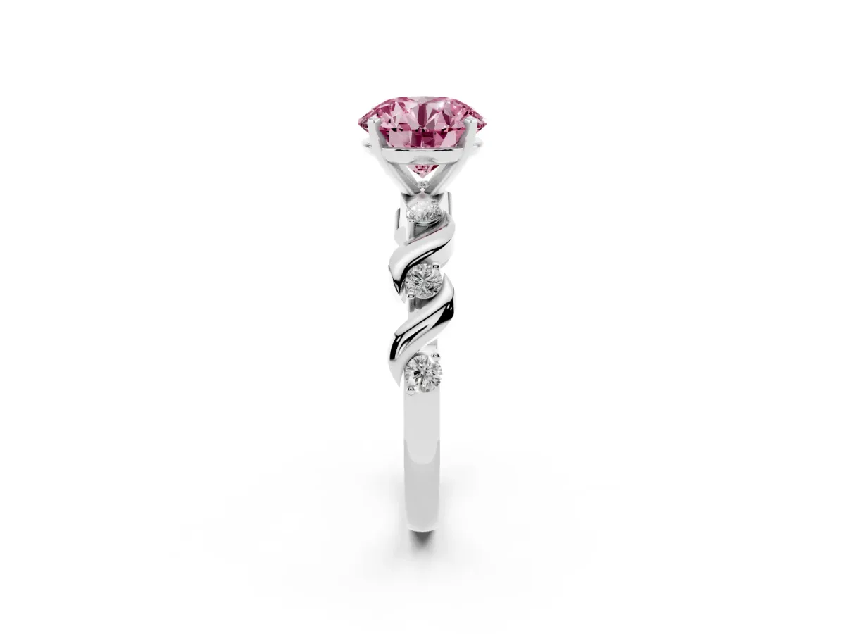 Fancy Pink Round Cut Diamond Solitaire Twisted Band with Round Accents and Prong Setting Silver