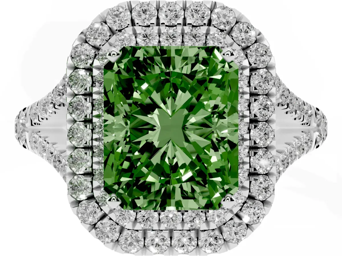 Fancy Green Radiant Cut Diamond Pavé Split Shank Double Halo Engagement Ring Silver