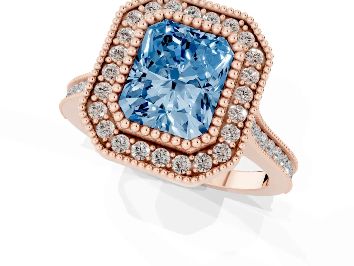 Fancy Blue Radiant Cut Diamond Halo Ring with Milgrain Frame and Pavé Band Rose gold