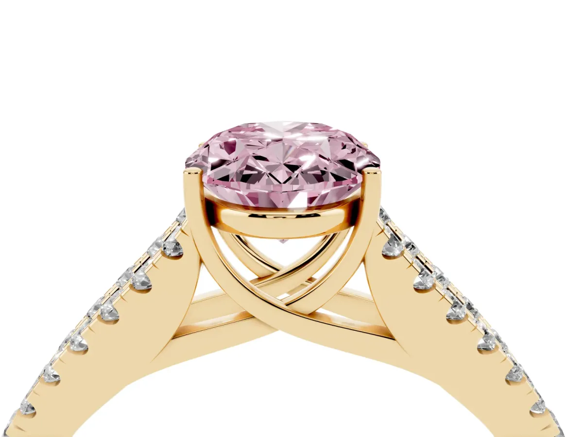 Fancy Pink Oval Cut Diamond Split Shank Pavé Engagement Ring with Four-Prong Setting Yellow gold