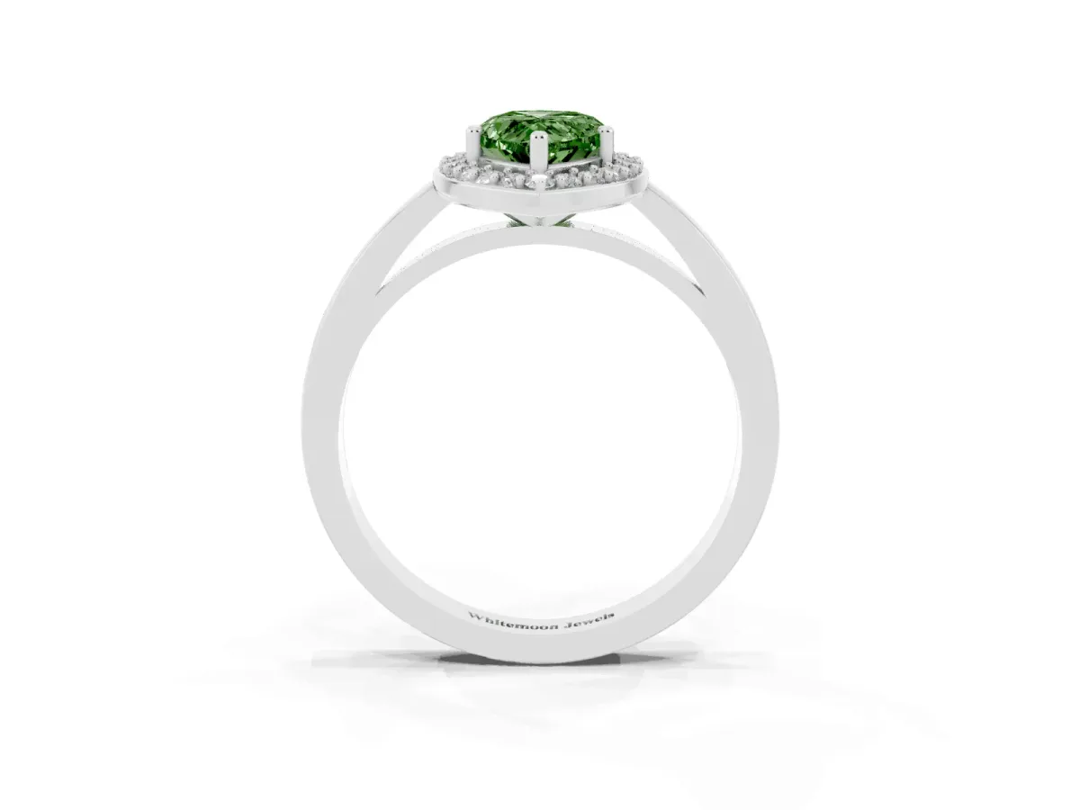 Fancy Green Pear Cut Halo Diamond Ring with Solitaire Band and Prong Setting Silver