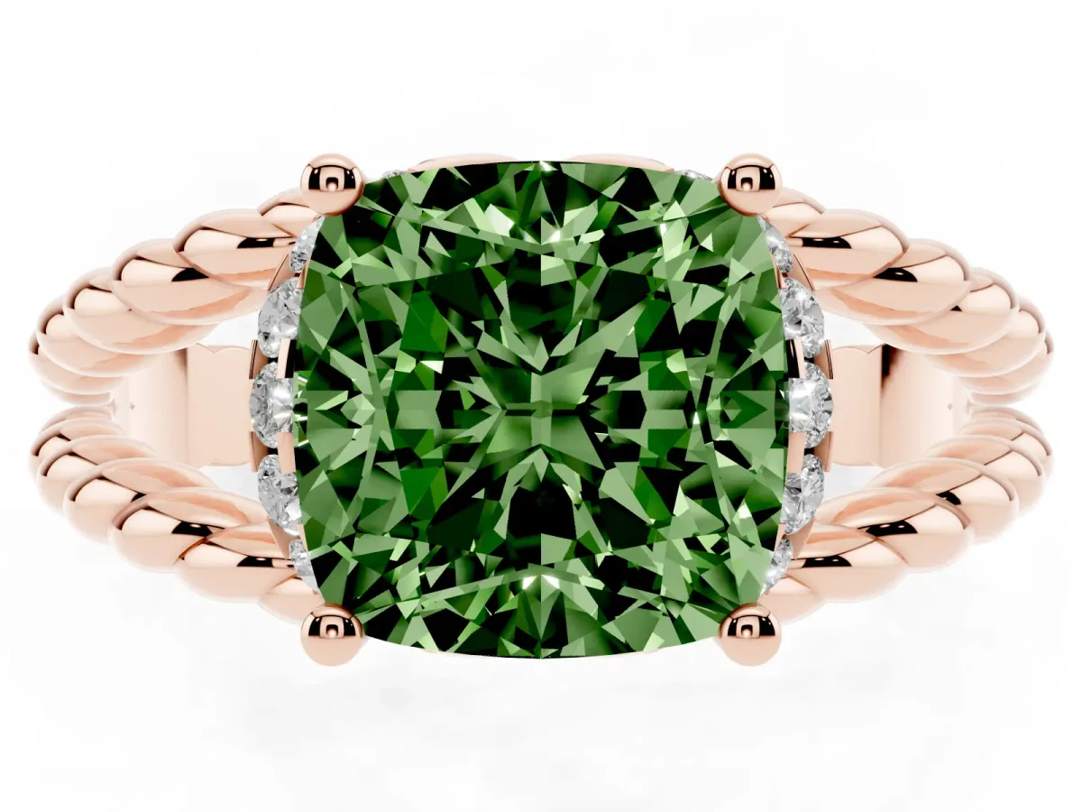 Fancy Green Cushion Cut Halo Twisted Band Four-Prong Ring Rose gold