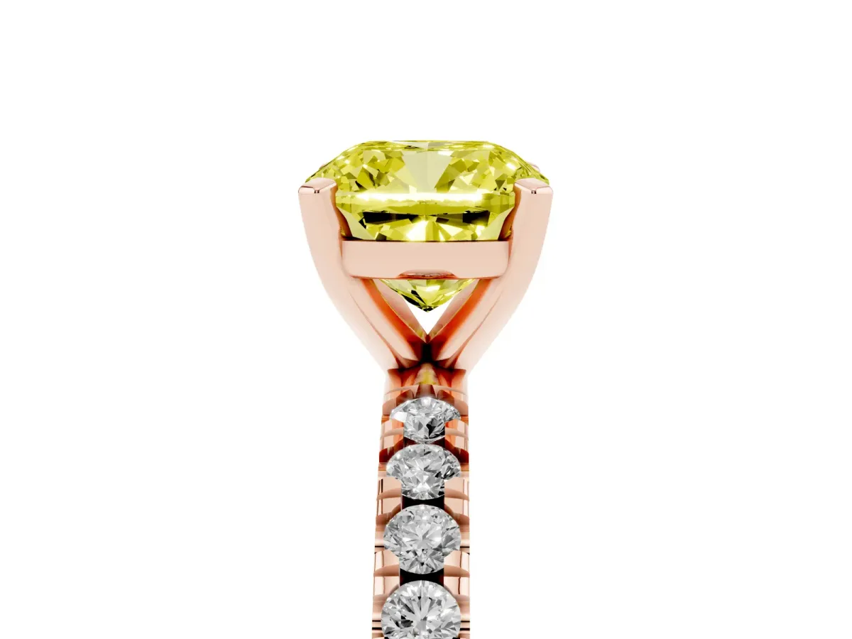 Fancy Yellow Cushion Cut Diamond Pavé Band Solitaire with Four-Prong Setting Rose gold