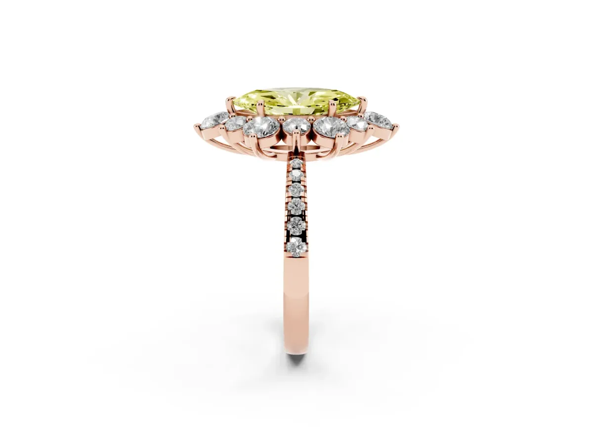 Fancy Yellow Marquise Cut Diamond Floral Halo Ring with Round Pavé Band and Prong Setting Rose gold
