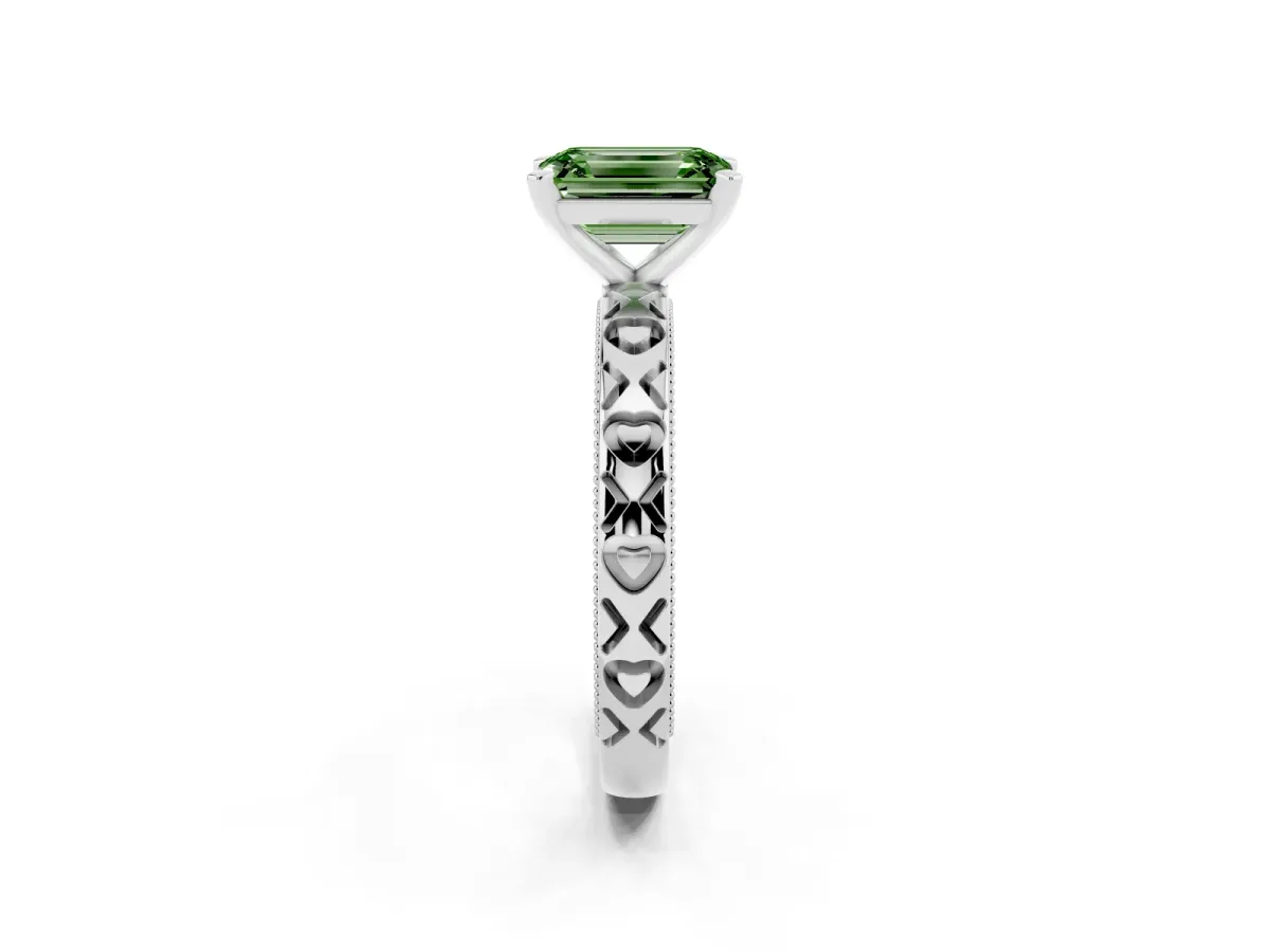 Fancy Green Emerald Cut Solitaire Diamond Engagement Ring with XO Engraved Band and Four-Prong Setting Platinum