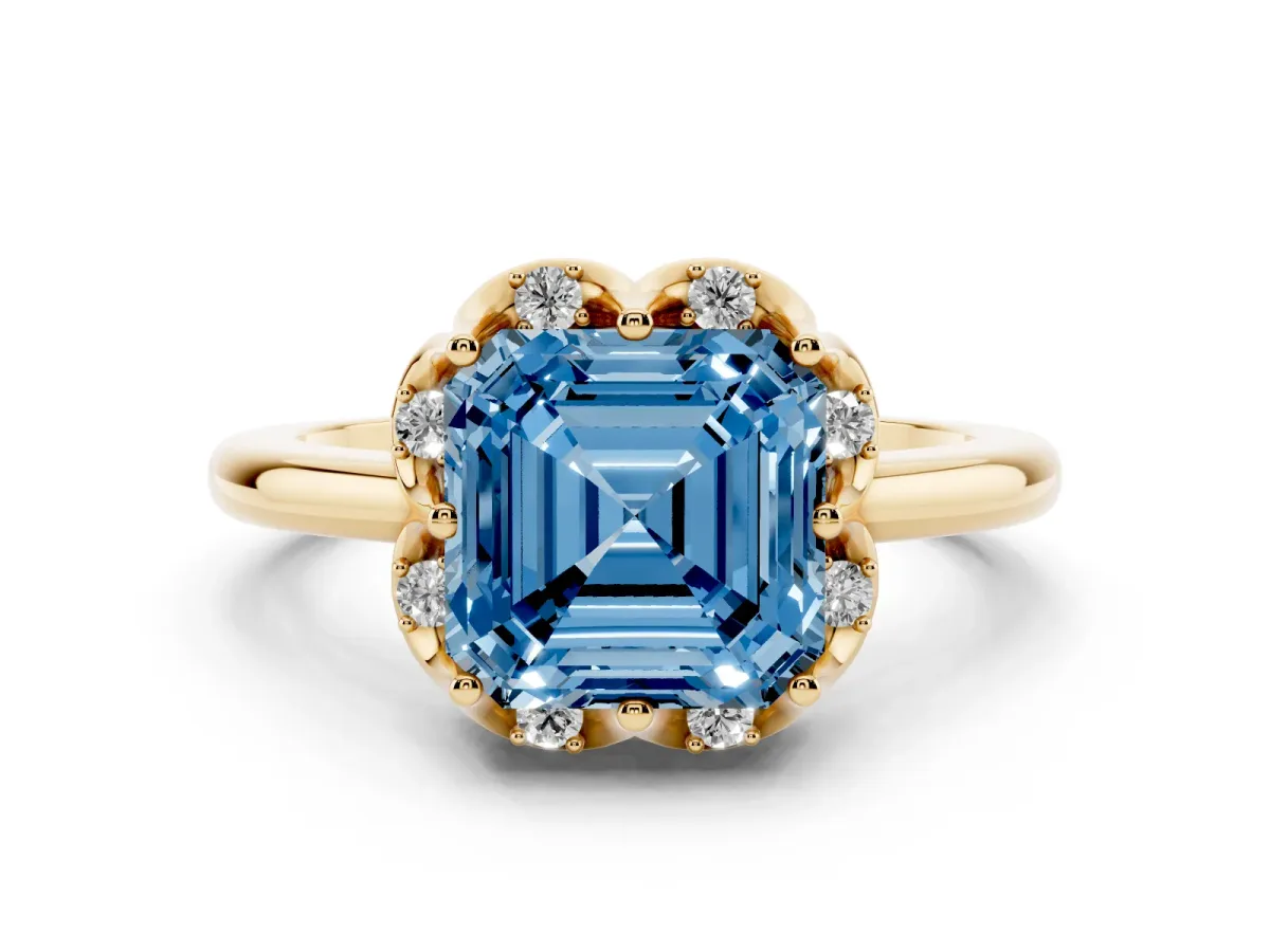 Fancy Blue Asscher Cut Halo Diamond Ring with Round Cluster Setting, Solitaire Band, and Four-Prong Setting Yellow gold