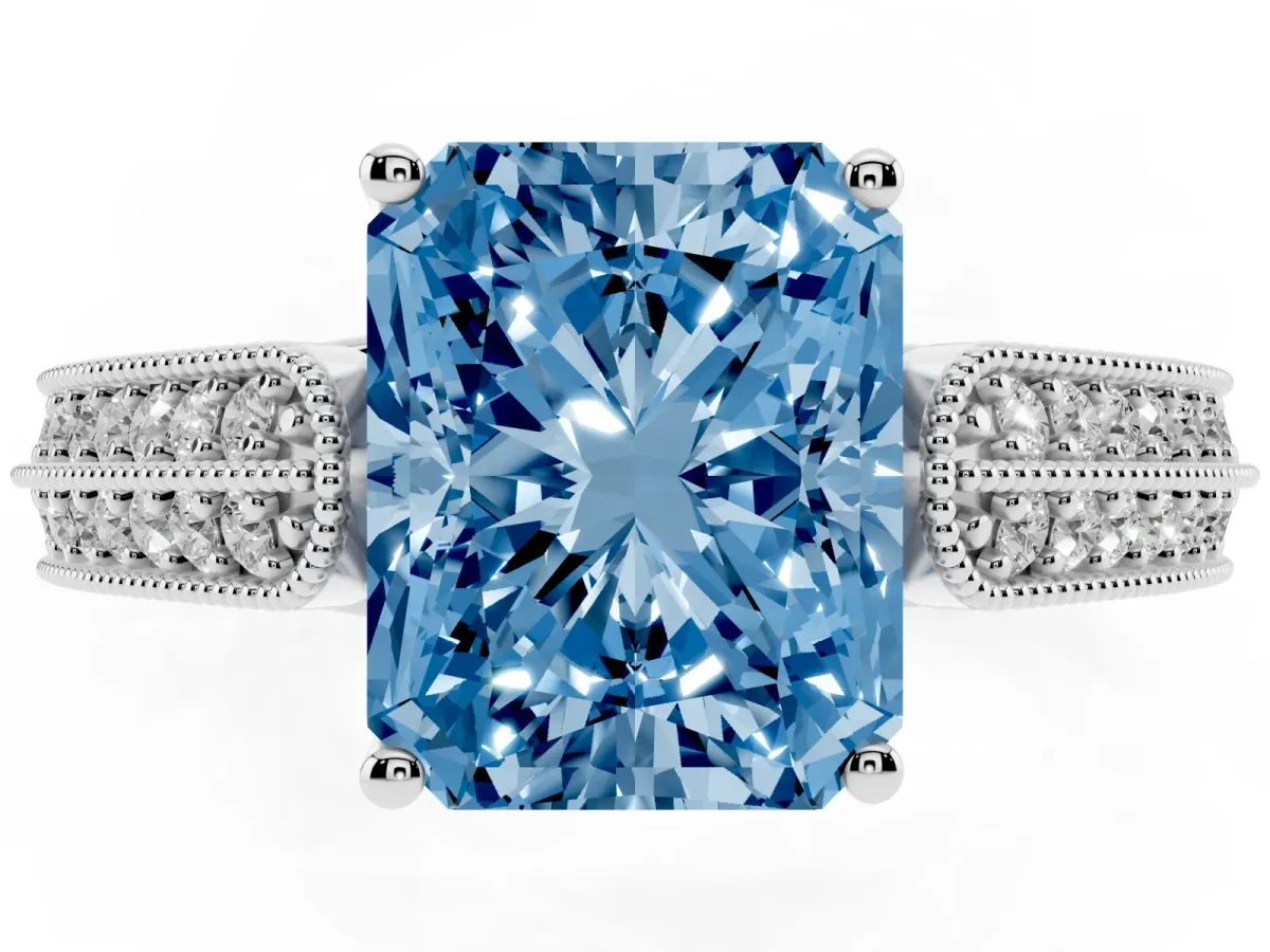Fancy Blue Radiant Cut Cut Pave Split Shank Engagement Ring with Four-Prong Setting White gold