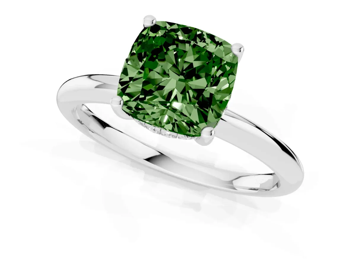 Fancy Green Cushion Cut Cut Solitaire Engagement Ring with Four-Prong Setting and Classic Band Silver