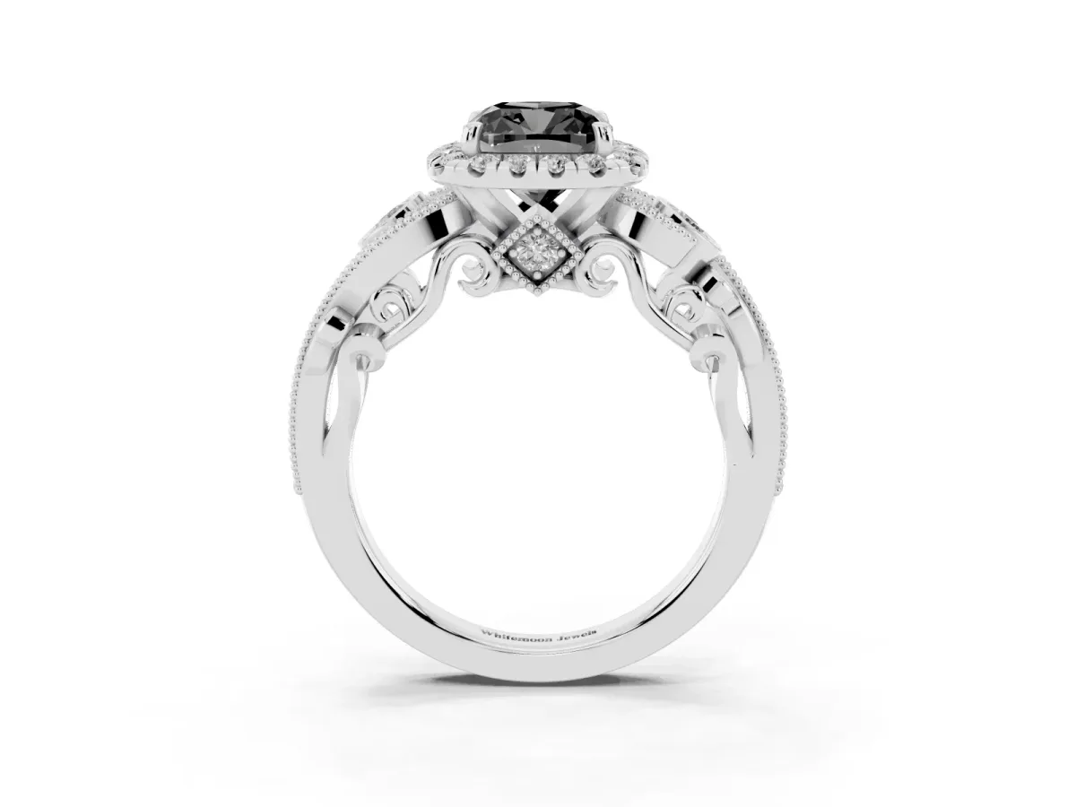 Fancy Black Cushion Cut Halo Diamond Ring with Milgrain and Bezel Accents on a Split Shank Band Platinum