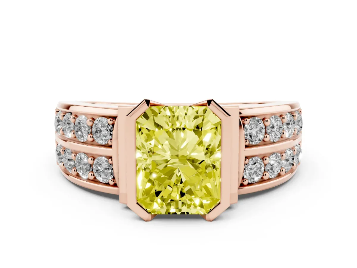 Fancy Yellow Radiant Cut Brilliant Diamond Channel Set Wide Band Ring with Bezel Setting Rose gold