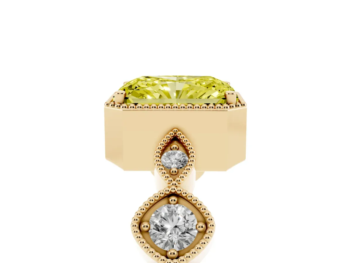 Fancy Yellow Radiant Cut Diamond Vintage Milgrain Ring with Round Stations Yellow gold