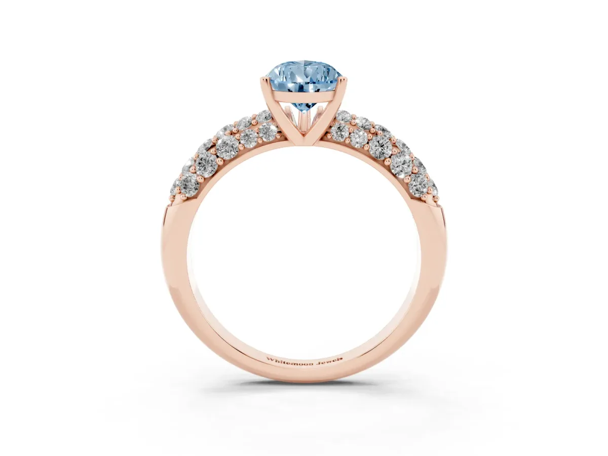 Fancy Blue Pear Cut Diamond Pavé Band Solitaire Ring with Four-Prong Setting Rose gold
