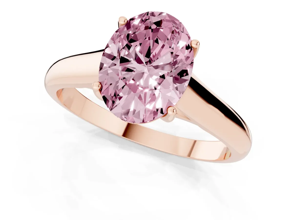 Fancy Pink Oval Cut Solitaire Engagement Ring with Tapered Band and Four-Prong Setting Rose gold