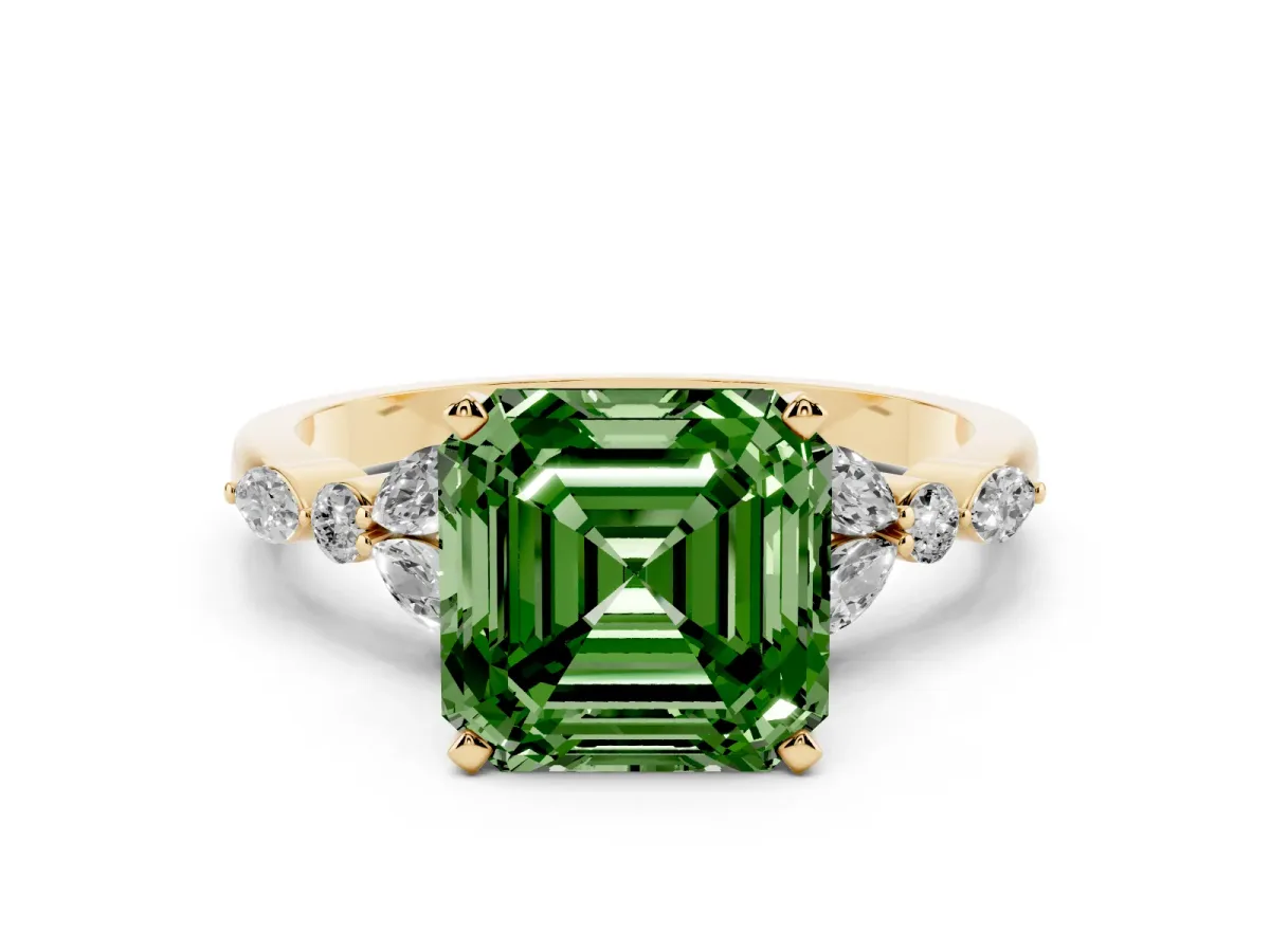 Fancy Green Asscher Cut Diamond Solitaire Ring with Side Stones and Four-Prong Setting Yellow gold