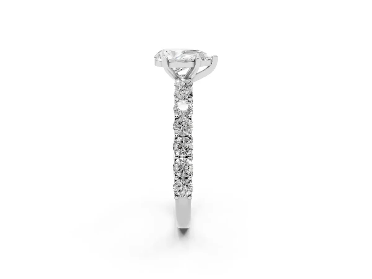 Pear Cut Diamond Solitaire Ring with Shared Prong Pavé Band and Four-Prong Setting Silver