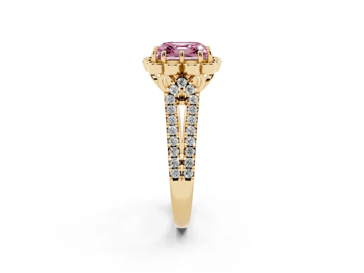 Fancy Pink Asscher Cut Halo Diamond Floral Split Shank Engagement Ring Yellow gold
