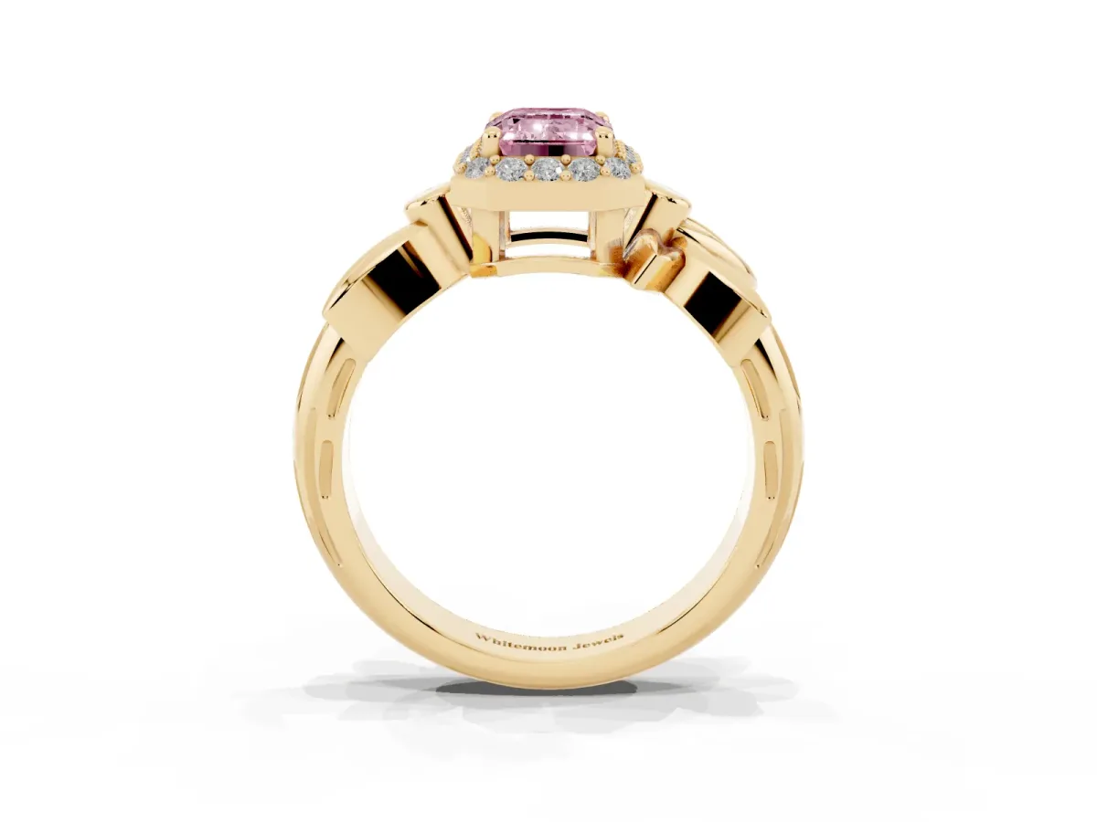 Fancy Pink Emerald Cut Halo Diamond Floral Band with Four-Prong Setting Yellow gold