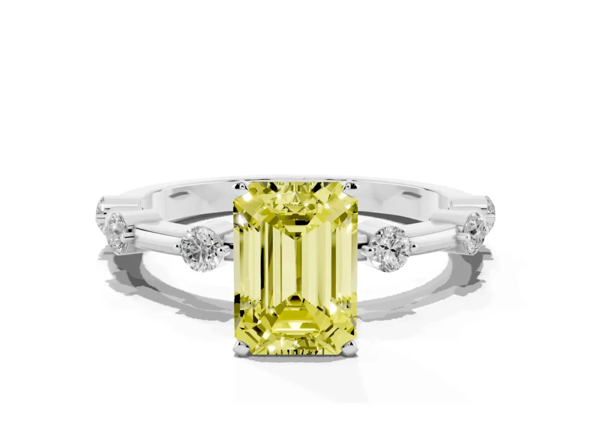 Fancy Yellow Emerald Cut Solitaire Diamond Ring with Bezel Set Side Stones and Prong Setting Silver