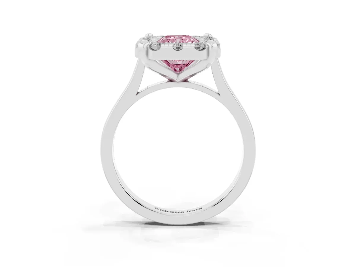 Fancy Pink Radiant Cut Diamond Cluster Halo Solitaire with Four-Prong Setting Silver