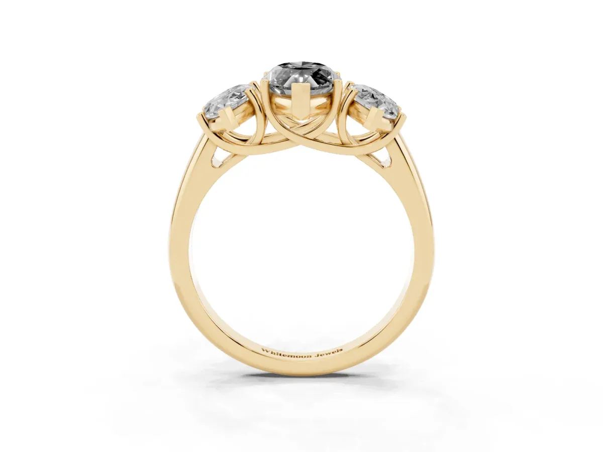 Fancy Black Three-Stone Marquise Cut Diamond Engagement Ring with Prong Setting Yellow gold