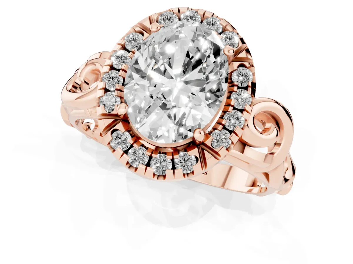 Oval Cut Cut Halo Diamond Ring with Scrollwork Band and Four-Prong Setting Rose gold
