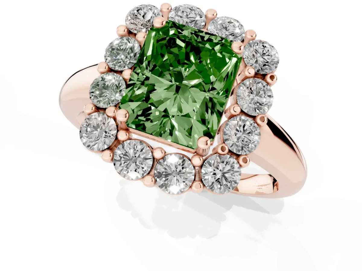 Fancy Green Radiant Cut Halo Cluster Diamond Engagement Ring with Prong Setting and Polished Band Rose gold