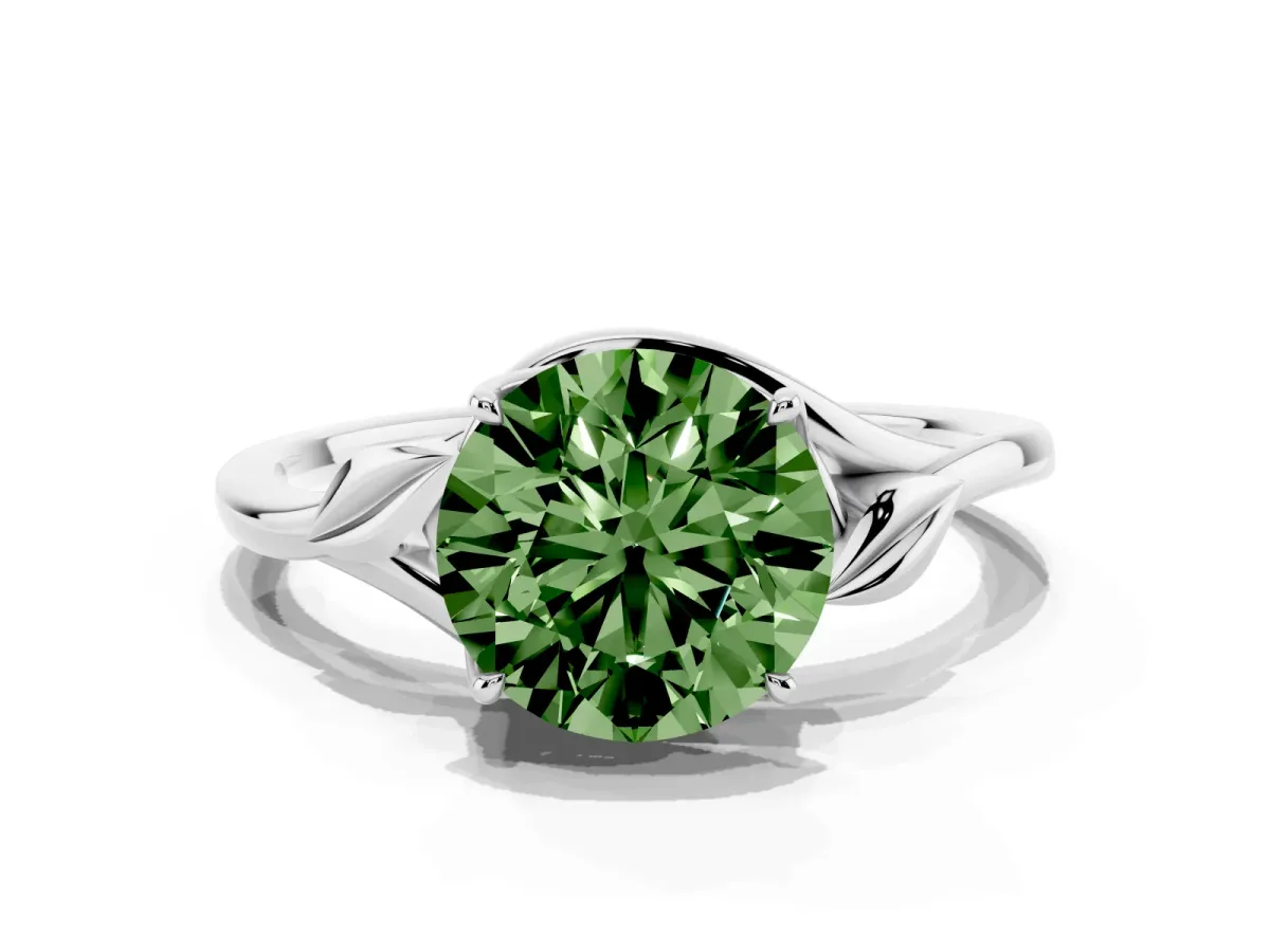 Fancy Green Round Cut Diamond Solitaire Ring with Twist Band and Four-Prong Setting Silver