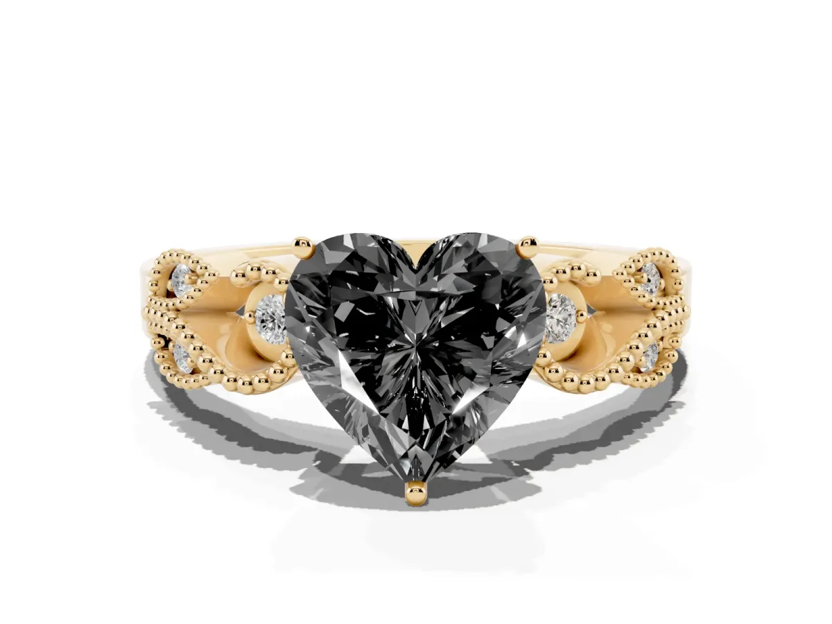 Fancy Black Heart Cut Solitaire Milgrain Leaf Band with Prong Setting Yellow gold