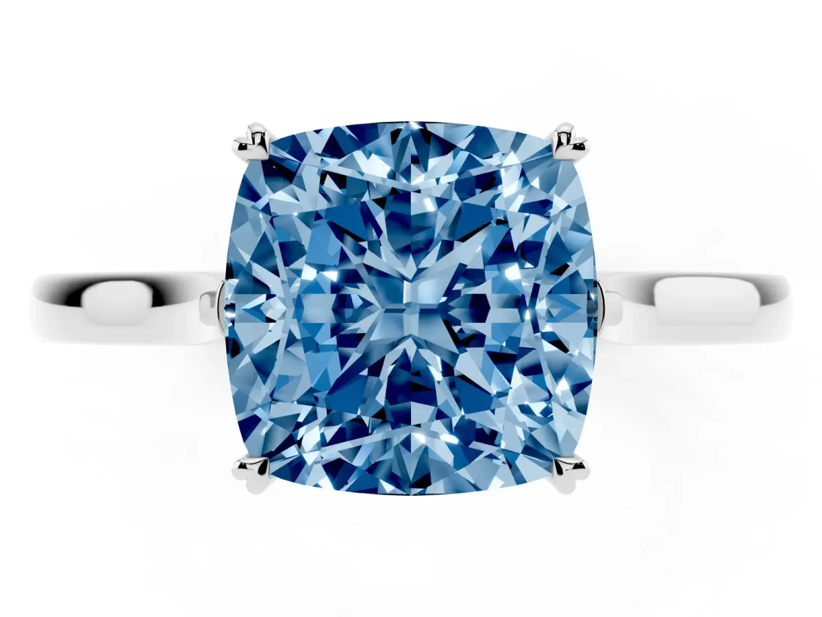 Fancy Blue Cushion Cut Solitaire Heart Prong Engagement Ring with Tapered Band White gold