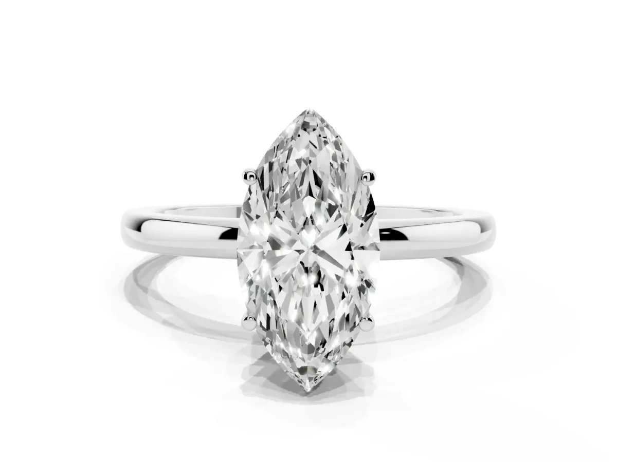 Marquise Cut Solitaire Diamond Ring with Prong Setting and Plain Band Platinum