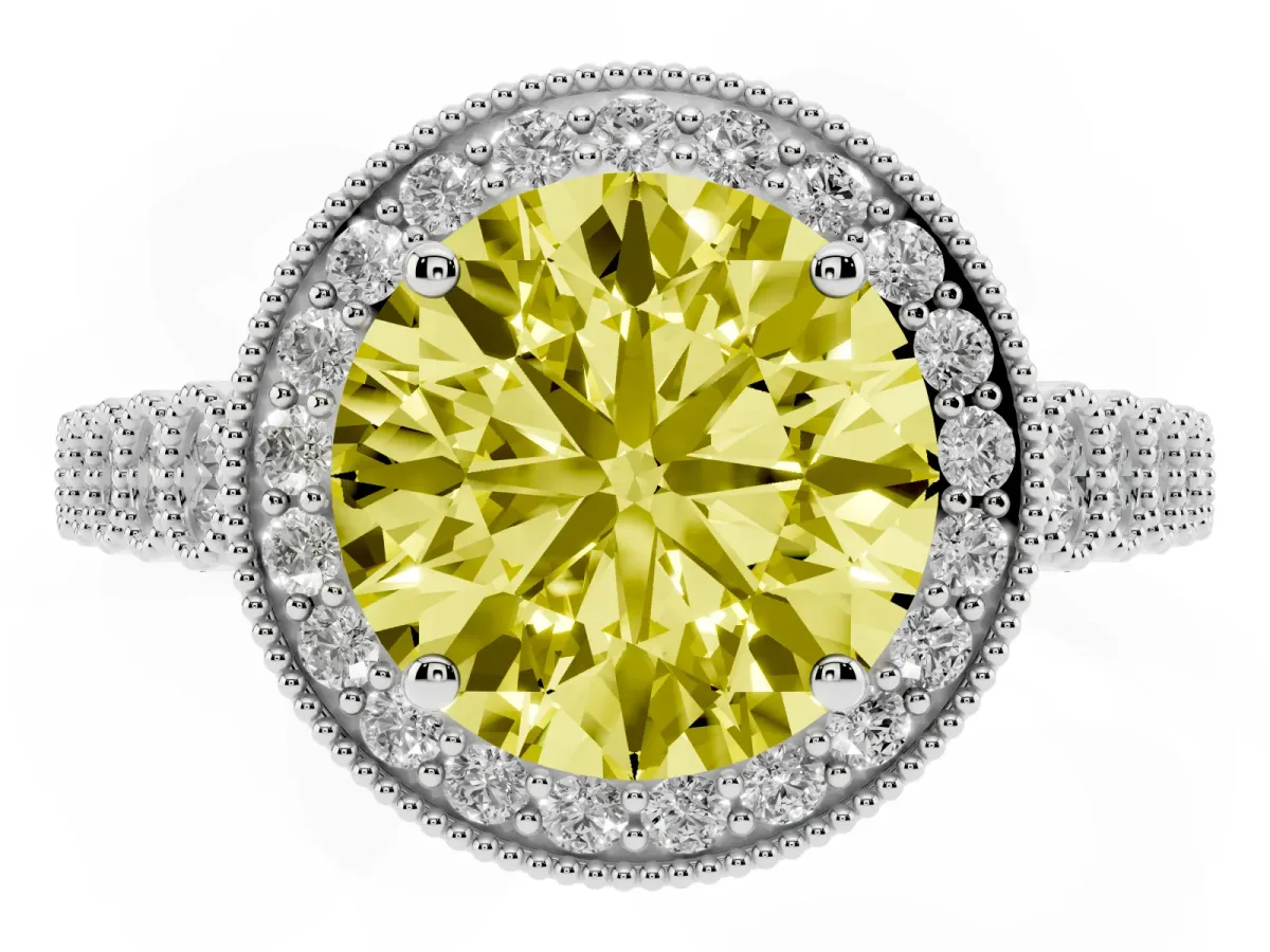 Fancy Yellow Round Cut Halo Milgrain Solitaire with Bezel Set Side Stones and Pave Band Platinum