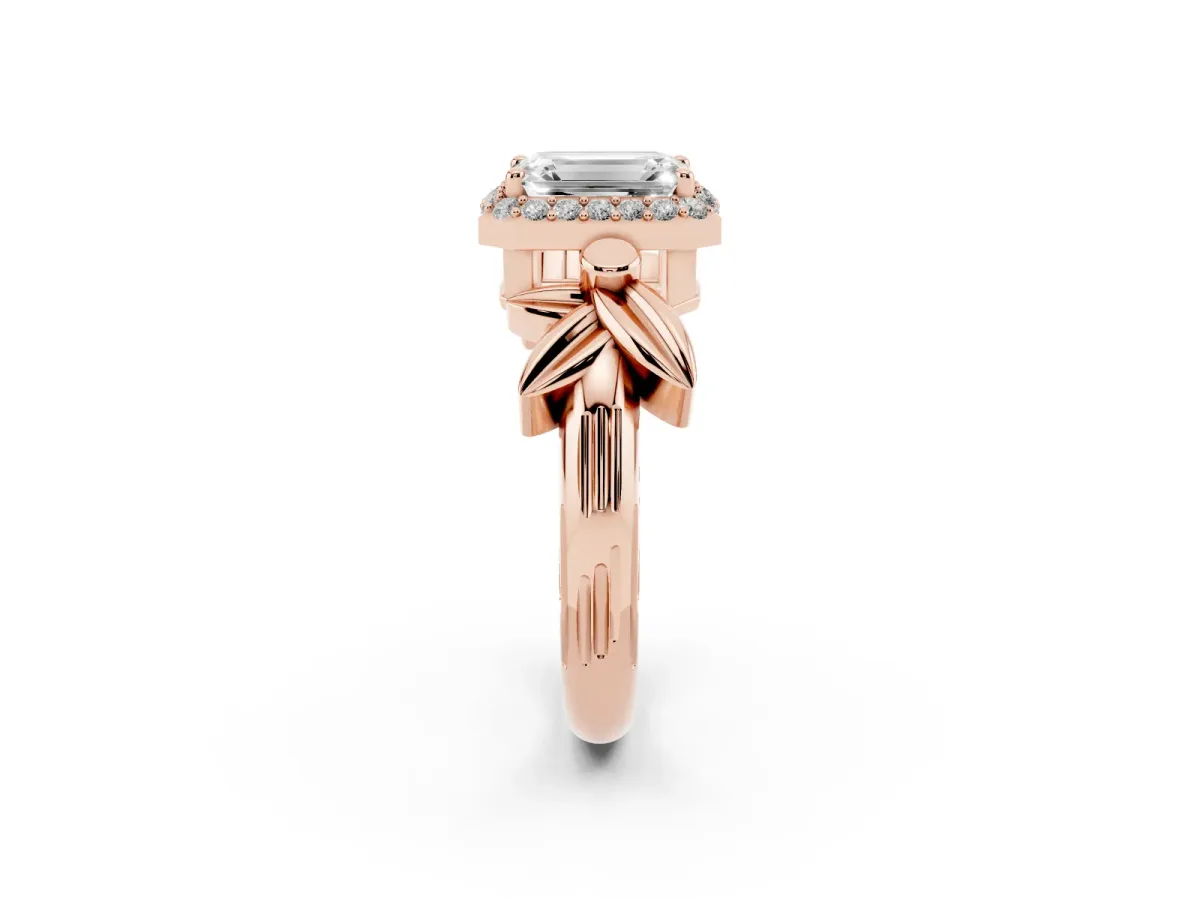 Emerald Cut Halo Diamond Floral Band with Four-Prong Setting Rose gold