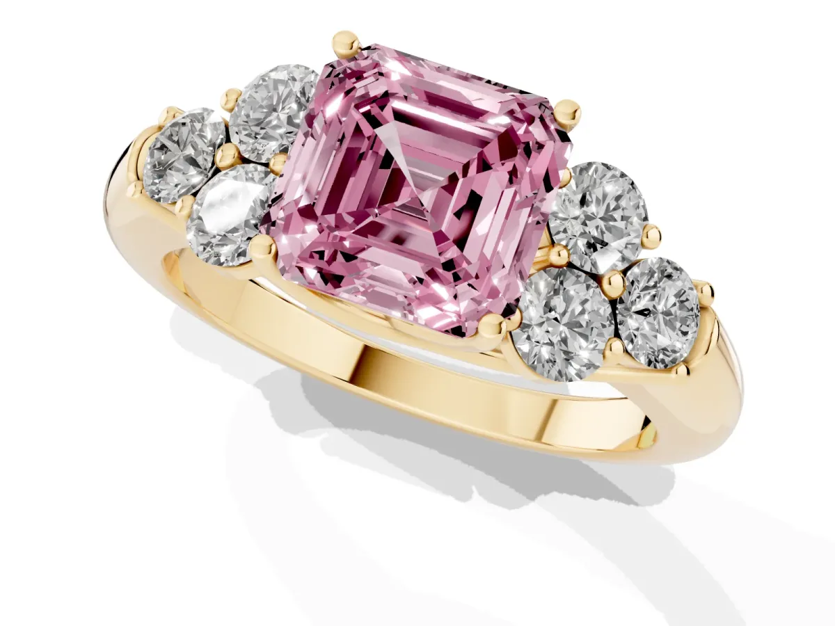 Fancy Pink Asscher Cut Cut Diamond Cluster Ring with Round Accent Stones and Prong Setting on a Classic Band Yellow gold